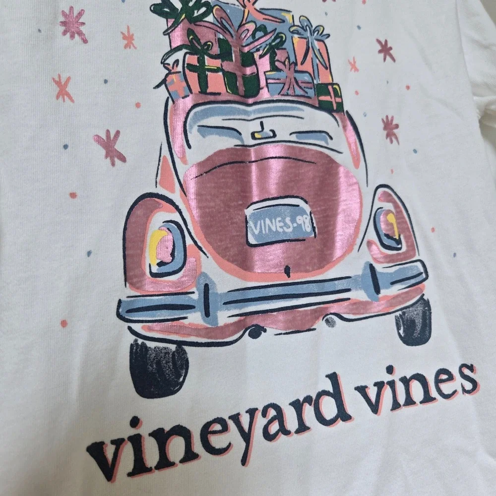 Vineyard Vines Graphic Tee Kids 7 White Holiday Car Long Sleeve Christmas Shirt